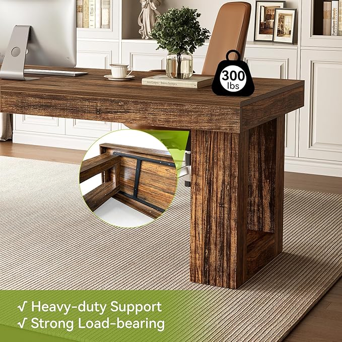 LITTLE TREE Two Person Desk, 86.6 Inches Extra Long Computer Desk, Double Computer Writing Table for 2 People, Wooden Large Desks Business Workstation for Home Office, Rustic Brown