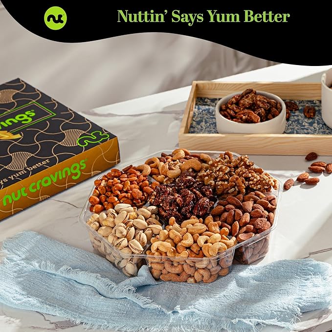 NUT CRAVINGS - Thanksgiving Mixed Nuts Gift Basket in Black Gold Box (7 Assortments, 1 LB) Holiday Xmas Christmas Food Arrangement, Healthy Snack Care Package, Food Assortments