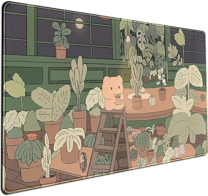 Cute Desk Mat Kawaii Bear Mousepad Cute Anime Plant Desk Protector, Kawai Aesthetic Brown and Green Forest Keyboard Mat, Large Mouse Pad XXL Gaming Desk Pad XL Office Home Decor for Women Girls