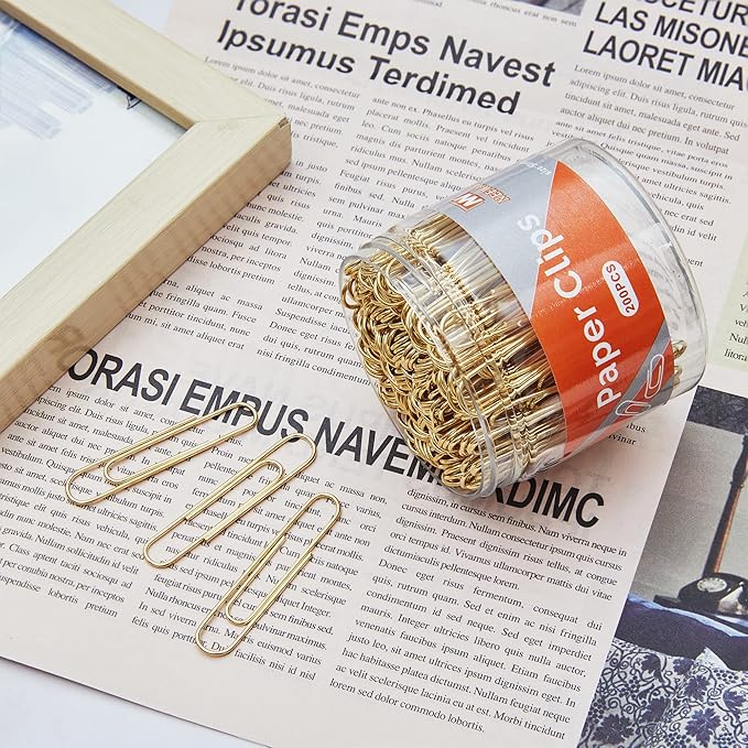 NEEWAY Gold Paper Clips, 200 Count Large Size, 2 Inch Jumbo Paperclips, Stylish Gold-Plated Paper Clip (Pack of 2)