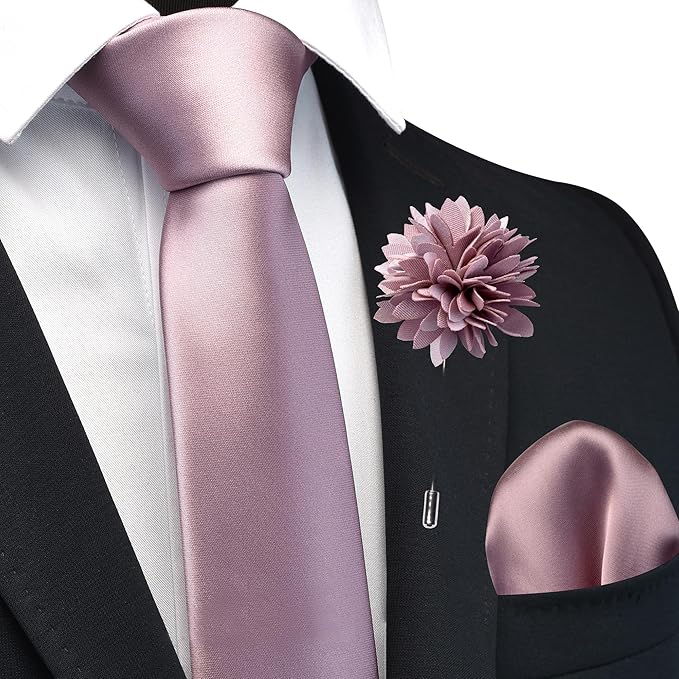 Branduce 3.15"（8cm） Pre-tied Adjustable Zipper Tie and Lapel Pin Solid Necktie Handkerchief Set for Men