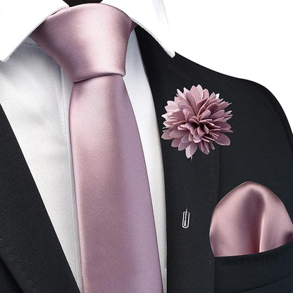 Branduce 3.15"（8cm） Pre-tied Adjustable Zipper Tie and Lapel Pin Solid Necktie Handkerchief Set for Men