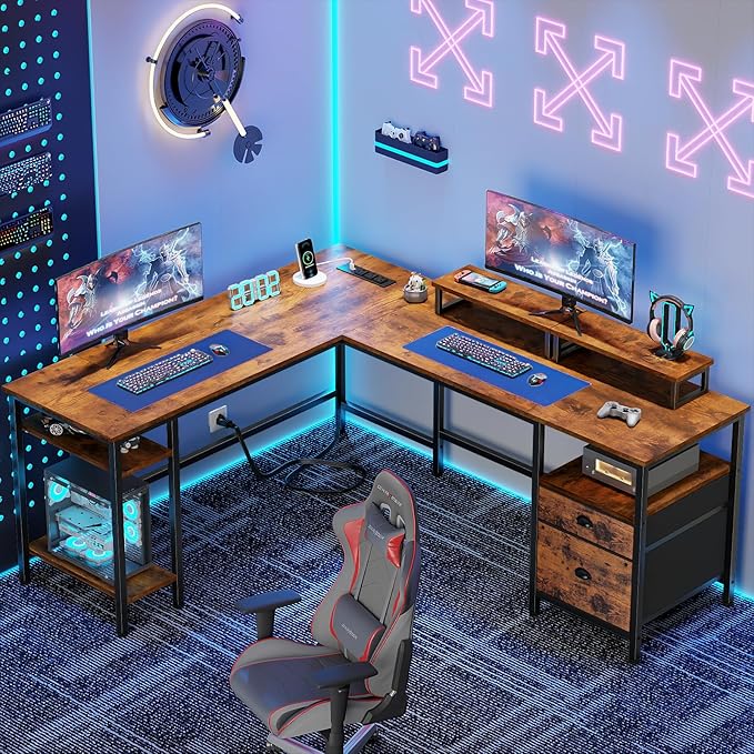 Furologee 59” L Shaped Desk with Power Outlet, Reversible Computer Desk with File Drawer & 2 Monitor Stands, Corner Home Office Table with Storage Shelves for Gaming Writing, Rustic Brown