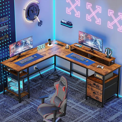 Furologee 59” L Shaped Desk with Power Outlet, Reversible Computer Desk with File Drawer & 2 Monitor Stands, Corner Home Office Table with Storage Shelves for Gaming Writing, Rustic Brown