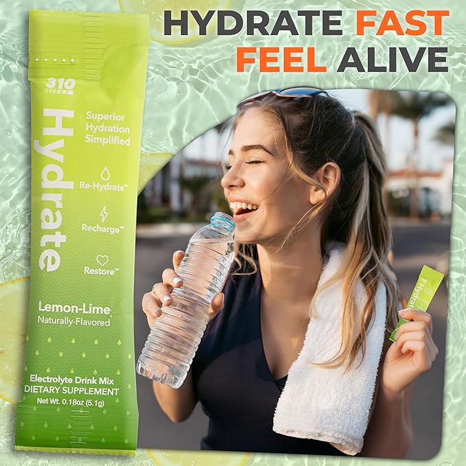 310 Nutrition Sugar Free Electrolytes Powder - Instant Hydration Packets for Daily Fluid Balance - Caffeine-Free Rehydration Drink Mix w/Vitamins, Low Calorie & Keto Friendly - Lemon Lime 15 Singles