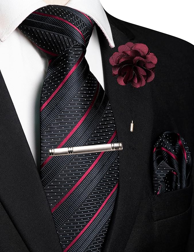 JEMYGINS Mens Striped Tie and Lapel Pin Necktie Pocket Square with Tie Clip Sets for Business Casual 4PCS