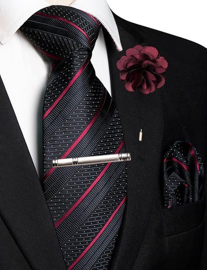 JEMYGINS Mens Striped Tie and Lapel Pin Necktie Pocket Square with Tie Clip Sets for Business Casual 4PCS