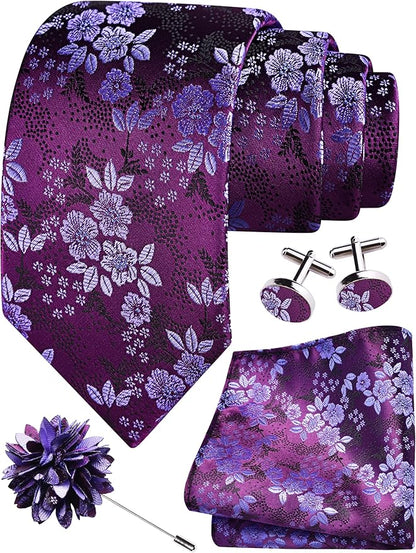 GUSLESON 3.15"（8cm） Mens Floral Tie and Lapel Pin Necktie Hankerchief Cufflinks Set for Men