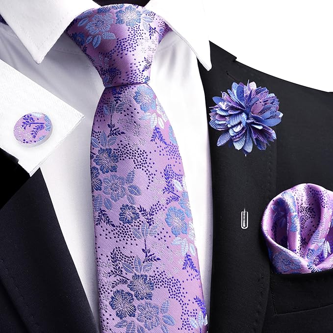 GUSLESON 3.15"（8cm） Mens Floral Tie and Lapel Pin Necktie Hankerchief Cufflinks Set for Men