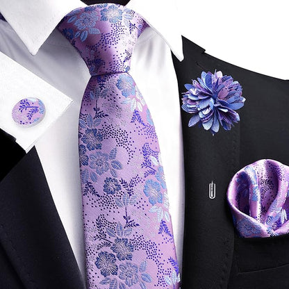 GUSLESON 3.15"（8cm） Mens Floral Tie and Lapel Pin Necktie Hankerchief Cufflinks Set for Men