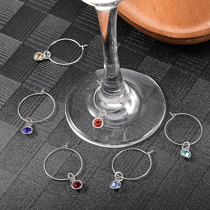 Junkin 12 Pcs Wine Glass Charms Markers Tags for Stem Glasses Drink Markers Wine Charm Ring Identifier for Wedding Bachelorette Tasting Holiday Party Favor Decoration (Birthstone Style)