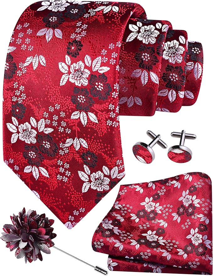 GUSLESON 3.15"（8cm） Mens Floral Tie and Lapel Pin Necktie Hankerchief Cufflinks Set for Men