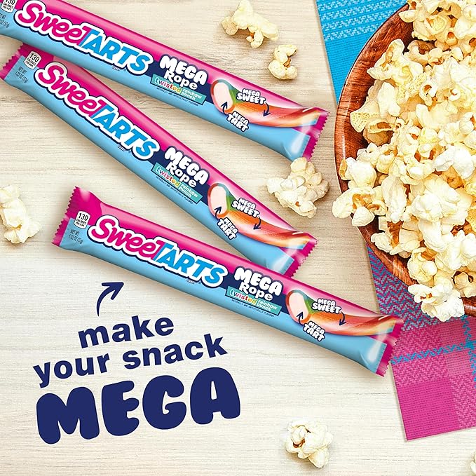 SweeTARTS Mega Filled Ropes Candy, Twisted Rainbow Punch, Sweet and Tart, 1.32 oz (Pack of 24)