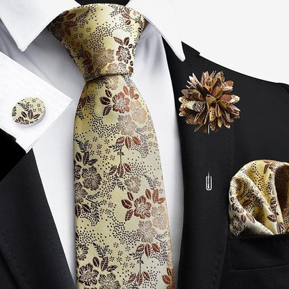 GUSLESON 3.15"（8cm） Mens Floral Tie and Lapel Pin Necktie Hankerchief Cufflinks Set for Men
