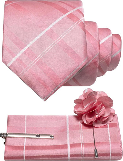 JEMYGINS Mens Striped Tie and Pocket Square with Tie Clip Lapel Pin Set 4PCS