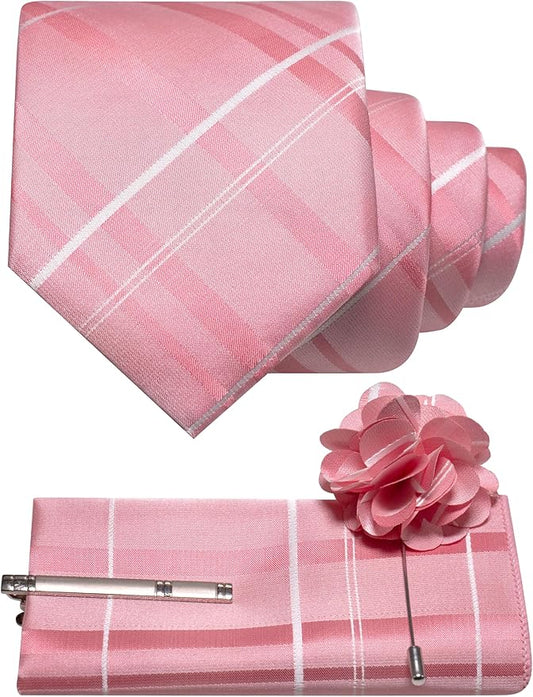 JEMYGINS Mens Striped Tie and Pocket Square with Tie Clip Lapel Pin Set 4PCS
