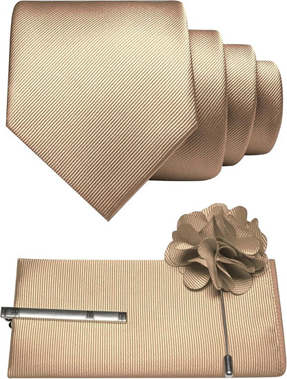 JEMYGINS Formal Necktie Solid Color Tie and Pocket Square with Tie Clip Lapel Pin Sets for Men 4PCS