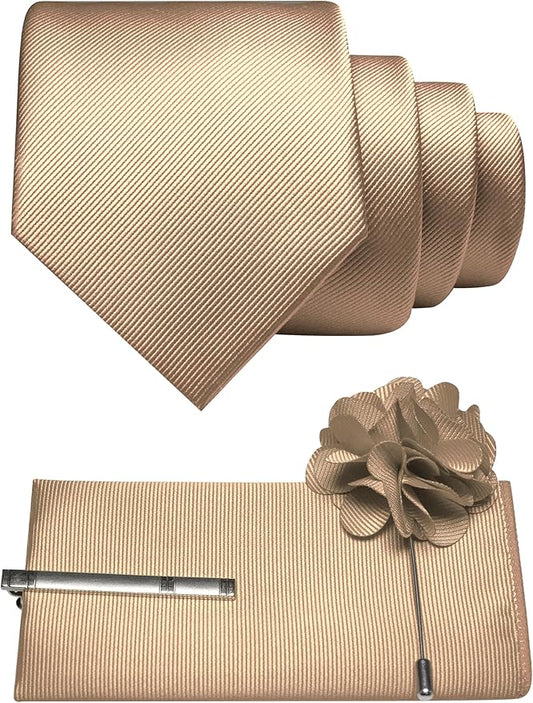 JEMYGINS Formal Necktie Solid Color Tie and Pocket Square with Tie Clip Lapel Pin Sets for Men 4PCS