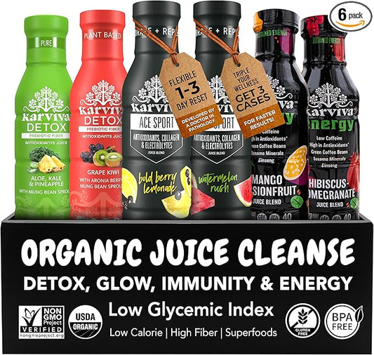 Juice Fasting Skin Glow & Claming Energy Pack | Ancient Metabolism Booster | Gentle Detox, Marine Collagen & Minerals, High Antioxidants & Fiber | Low Sugar | Non-GMO, 6×12 fl oz BPA-Free Bottles