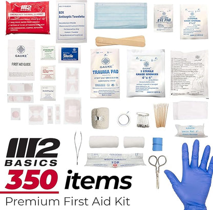 M2 BASICS Professional 350-Piece First Aid Kit – First Aid Kit for Car, Home, Office, Business & Vehicles – Organized Dual-Layer Wall-Mountable Hard Case, Emergency Medical, OSHA Workplace Safety