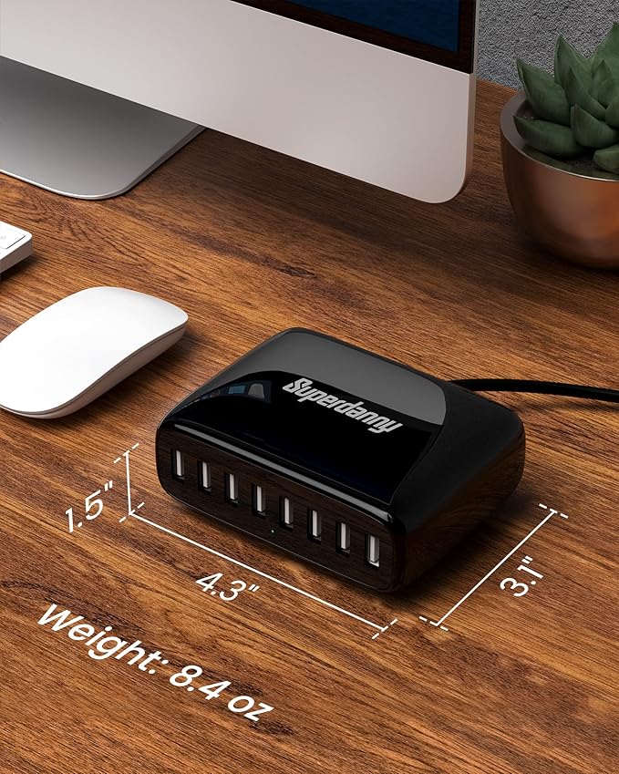 USB Charger Station, SUPERDANNY 8-Port Desktop Charging Station for Multiple Devices, Compatible with iPhone 11/X/Xs/Max/XR/SE/8/Plus, iPad Pro/Air/Mini, AirPods, Galaxy S10 Note, LG, and More, Black