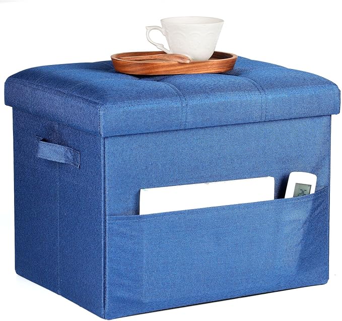 Storage Ottoman Foot Rest, Folding Linen Cotton Ottoman with Storage with Side Pockets and Handle, Foot Stool for Lounge, Study Corner, Home Office, 17x17x13 Inches, Dark Blue
