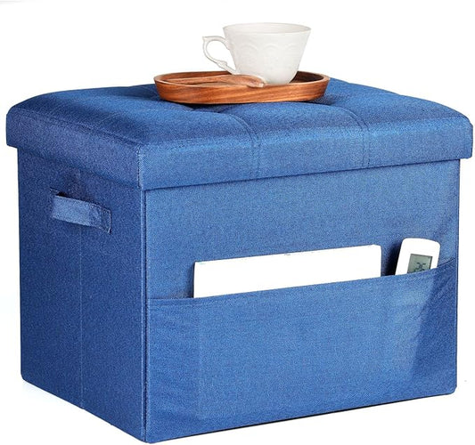 Storage Ottoman Foot Rest, Folding Linen Cotton Ottoman with Storage with Side Pockets and Handle, Foot Stool for Lounge, Study Corner, Home Office, 17x17x13 Inches, Dark Blue