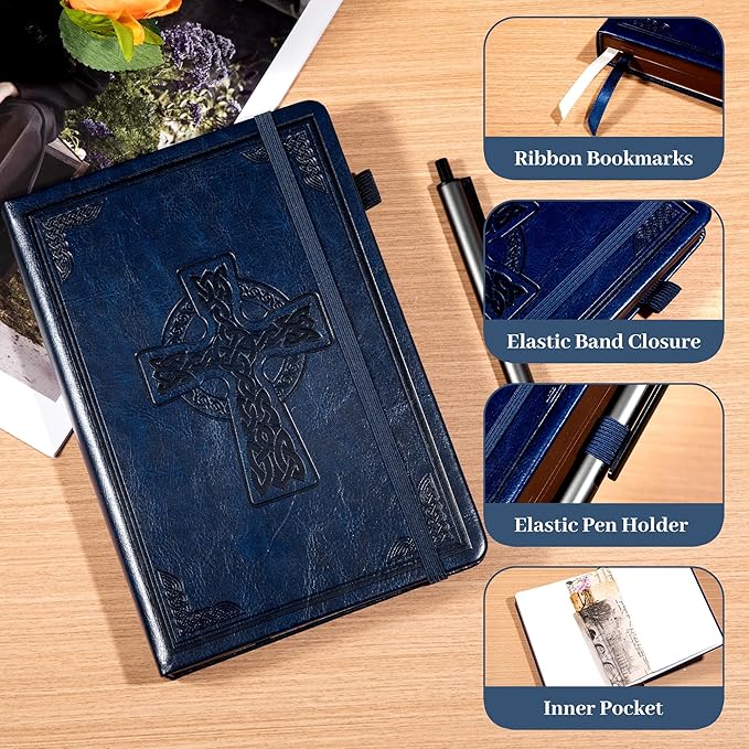 CAGIE Leather Lined Journal Notebook for Men & Women, Debossed Cross, 320 Pages 100 GSM Thick Paper, A5 Hardcover Journaling Notebooks for Writing, 5.7'' X 8.3'' Diary, Navy