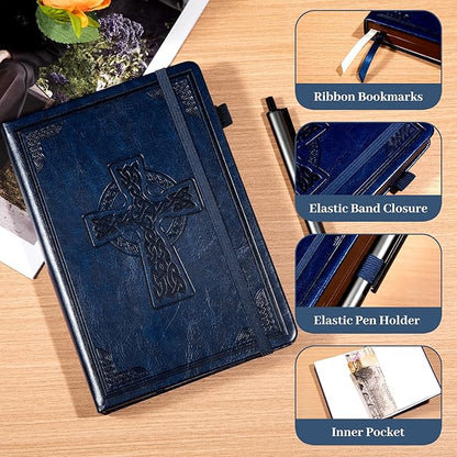 CAGIE Leather Lined Journal Notebook for Men & Women, Debossed Cross, 320 Pages 100 GSM Thick Paper, A5 Hardcover Journaling Notebooks for Writing, 5.7'' X 8.3'' Diary, Navy
