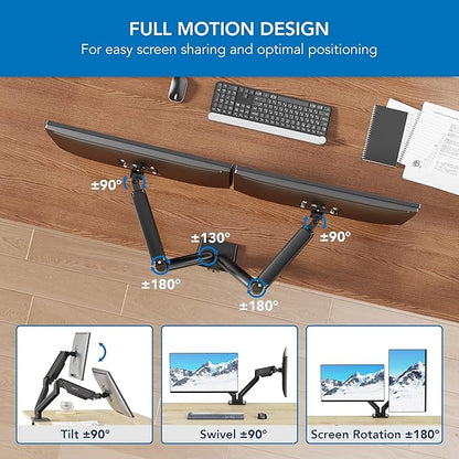 Mount-It! Full Motion Dual Monitor Mount with Spring Arms, 17" to 32", Full Motion Monitor Arm with Tilt, Rotation, Swivel, Height Adjustment, Clamp or Grommet, Fits VESA 75x75 and 100x100 - Black