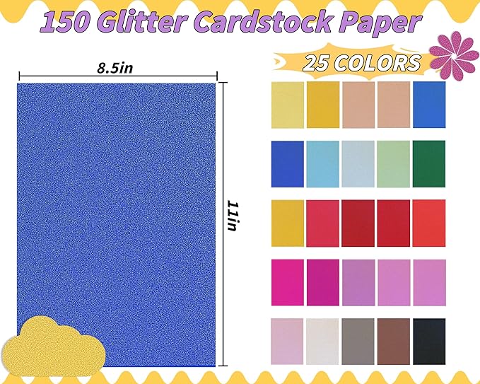 Glitter Colored Cardstock Bulk 150 sheets, 8.5” x 11” Cardstock Sparkly Paper 25 Assorted Colors Construction Paper,250 GSM Card Stock Printer Paper Scrapbooking Supplies for Diy Crafts Card Making
