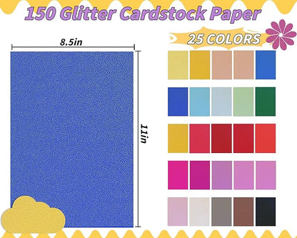 Glitter Colored Cardstock Bulk 150 sheets, 8.5” x 11” Cardstock Sparkly Paper 25 Assorted Colors Construction Paper,250 GSM Card Stock Printer Paper Scrapbooking Supplies for Diy Crafts Card Making