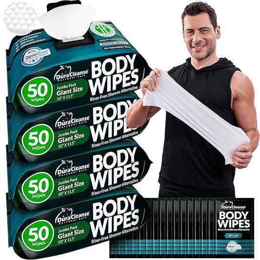 After Gym Body Wipes for Men (4pk) - 200 XL No Rinse Shower Wipes + 16 Travel Bath Sheets 10 x 11.5" - Mens Deodorant Disposable Washcloths for Bathing, Camping Essentials, Survival Gear and Supplies