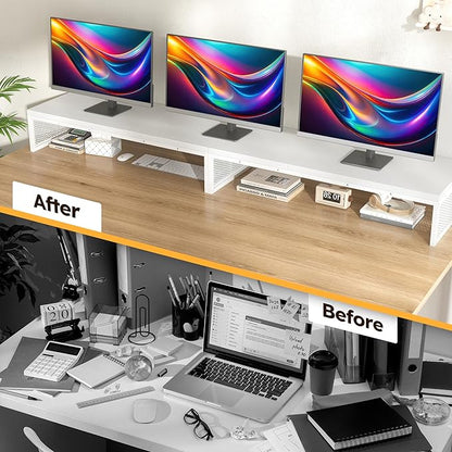 EnHomee 55.2" Computer Monitor Stand, Desk Shelf for Top of Desk for 3 * 23" Monitors/Laptop Computer/PC/Printers, TV Riser for 65 60 55 Inch TV for Bedroom Home Office, White