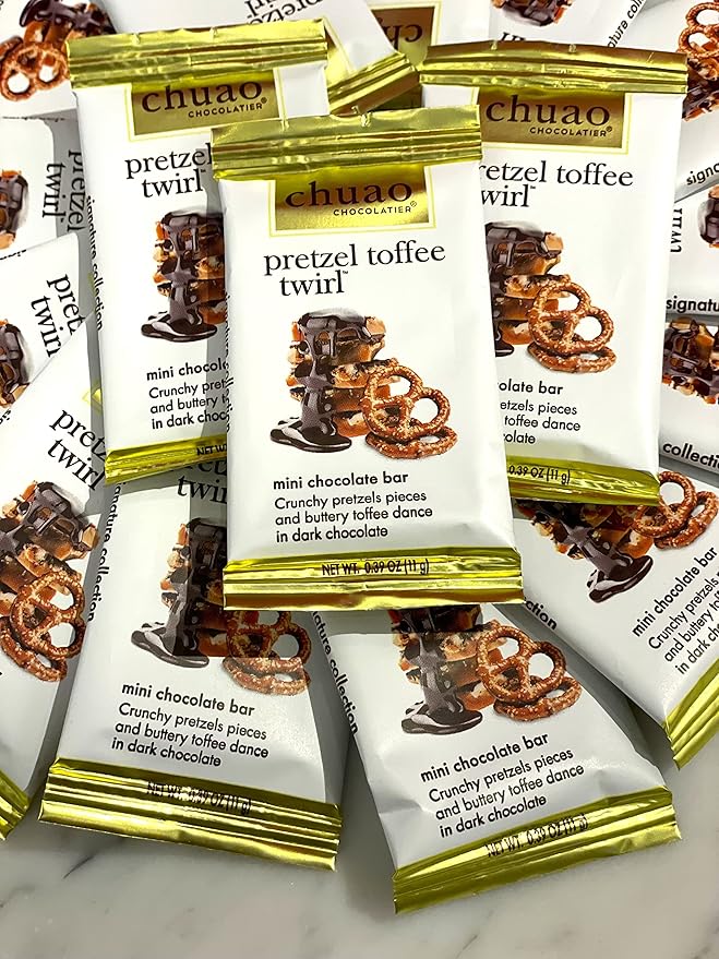 Chuao Chocolatier Pretzel Toffee Twirl Mini Dark Chocolate Bars | Gourmet No Preservatives | 24 Pack (0.39 oz each)