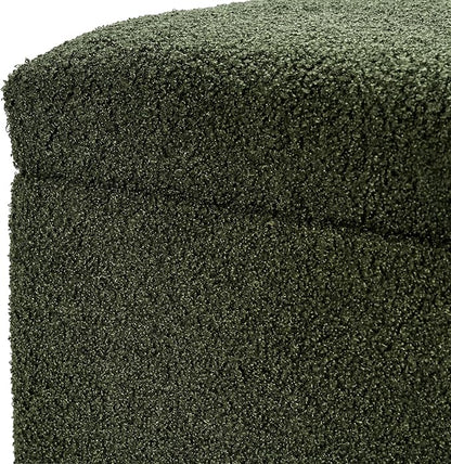 Adeco 17 Inch Soft Dark Green Cube Ottoman Storage, Teddy Velvet Chair Foot Stools, Upholstered Vanity Stool with Hinged Lid, Solid Round Wood Legs