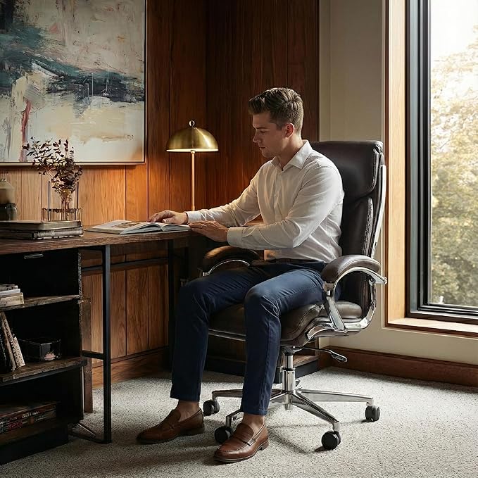 COLAMY Marcus Executive PU Leather Office Chair, High-Back Home Desk Chair Padded Seat & Back, Smooth-Rolling Casters – Luxury Ergonomic Desk Chair for Professional Workspaces (Brown)