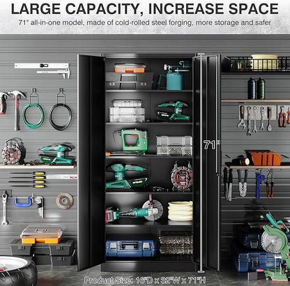 Metal Storage Cabinet with 2 Doors and 6 Shelves,Black Metal Cabinet with Lock,71" Lockable Garage Storage Cabinets,Locking File Cabinet,Steel Tool Cabinets for Home,Office,Garage,Shop,School
