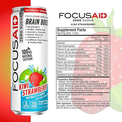 FOCUSAID ZERO SUGAR Nootropics Blend, Alpha-GPC, GABA, 100mg Natural Caffeine from Green Tea, Yerba Mate, Vitamin B-Complex, Keto-Friendly, No Artificial Sweeteners, 12 Fl Oz (Pack of 24)