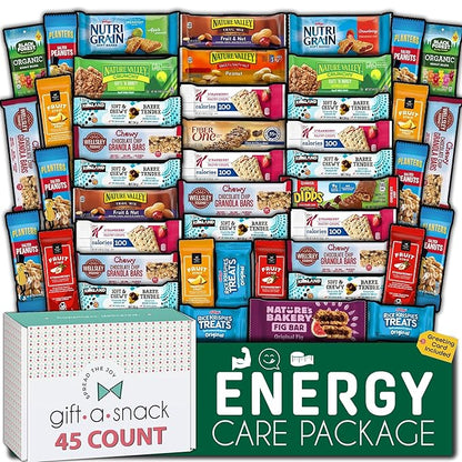 Gift A Snack - Thanksgiving, Holiday, Christmas Stocking Stuffer Healthy Granola Breakfast Bars, Snack Box Care Package + Greeting Card (45 Count) Birthday Treats Gift Basket Nutritious Chips