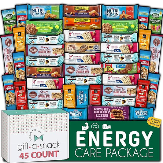 Gift A Snack - Thanksgiving, Holiday, Christmas Stocking Stuffer Healthy Granola Breakfast Bars, Snack Box Care Package + Greeting Card (45 Count) Birthday Treats Gift Basket Nutritious Chips