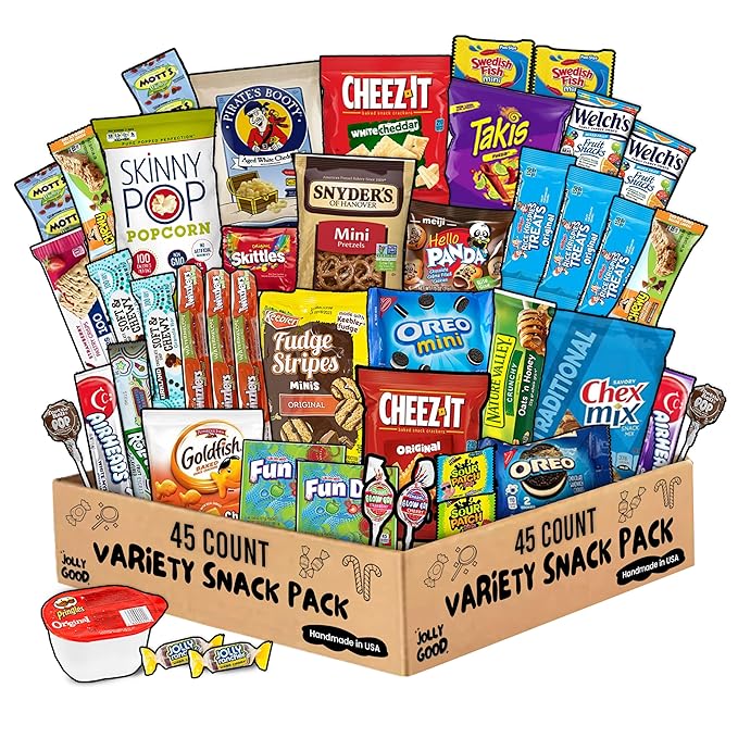 Jolly Good 45 Count Premium Brand Snack Box Variety Pack Care Package – Thanksgiving Gift Basket Candy Treats Chips Cookies for Adults, Kids, Teens, College Students, Men, Women – Ideal for Birthdays College School Office Military, all holidays includi...