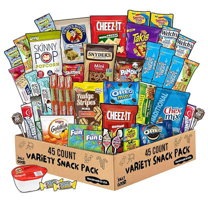 Jolly Good 45 Count Premium Brand Snack Box Variety Pack Care Package – Thanksgiving Gift Basket Candy Treats Chips Cookies for Adults, Kids, Teens, College Students, Men, Women – Ideal for Birthdays College School Office Military, all holidays includi...