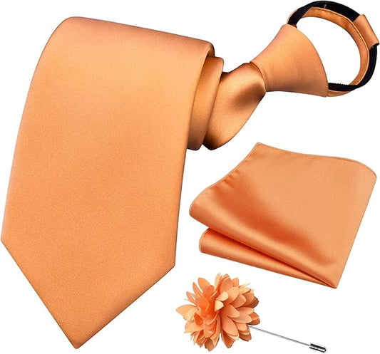 Branduce 3.15"（8cm） Pre-tied Adjustable Zipper Tie and Lapel Pin Solid Necktie Handkerchief Set for Men