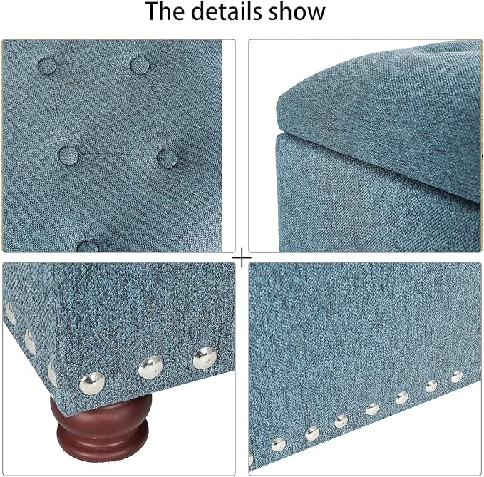Adeco Rectangular Storage Ottoman Foot Rest Stool, Fabric Button Tufted Storage Ottoman with Hinged Lid (Cyan)
