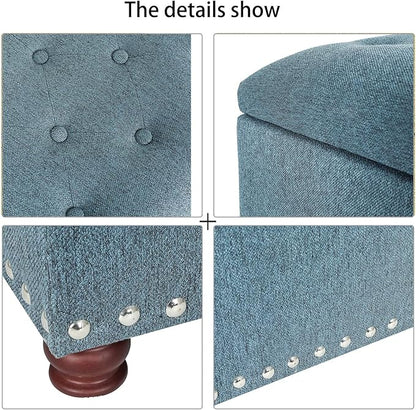 Adeco Rectangular Storage Ottoman Foot Rest Stool, Fabric Button Tufted Storage Ottoman with Hinged Lid (Cyan)