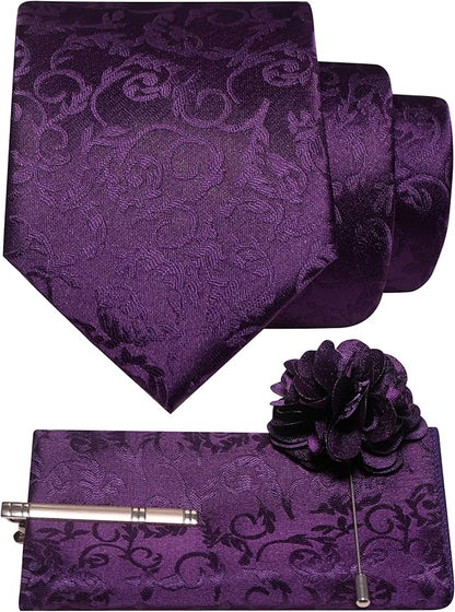 JEMYGINS Mens Floral Tie and Lapel Pin Necktie Pocket Square and Tie Clip with Sets for Business Casual 4PCS