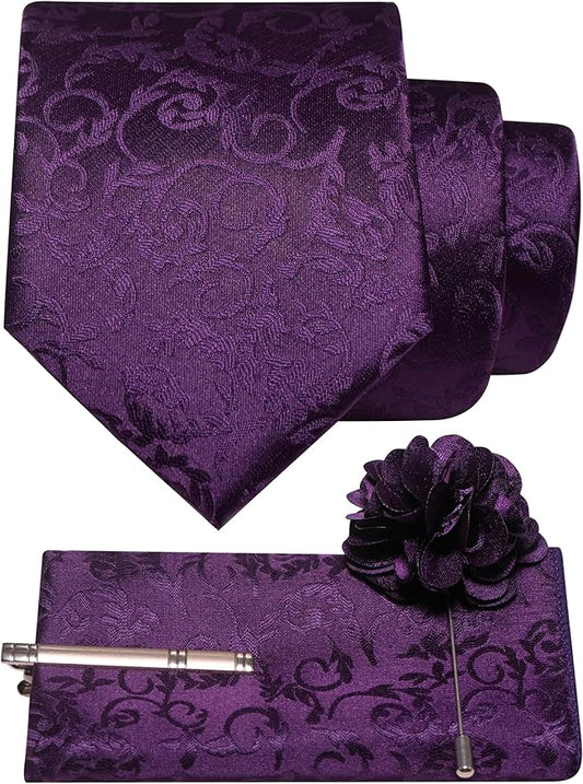 JEMYGINS Mens Floral Tie and Lapel Pin Necktie Pocket Square and Tie Clip with Sets for Business Casual 4PCS