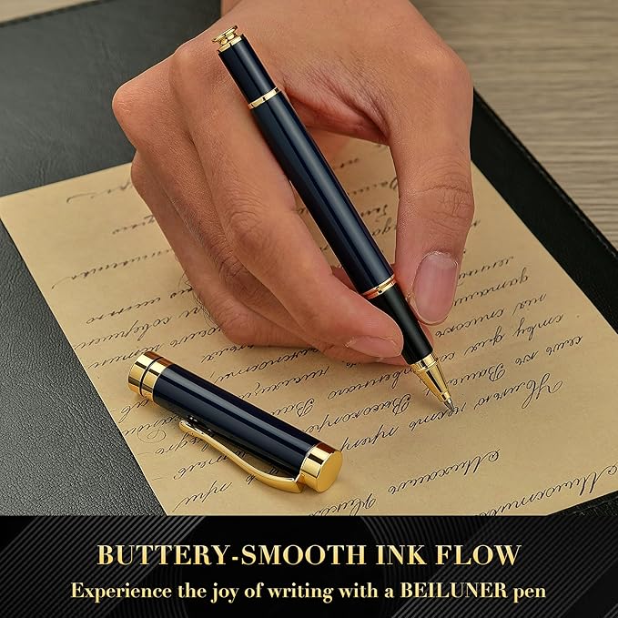 BEILUNER Ballpoint Pens, Stunning Blue Chrome Metal Pen with Golden Trim, Best Ball Pen Gift Set for Men & Women, Graduation, Executive, Office, Nice Office-Gift Box with 0.5mm Black Extra Refill