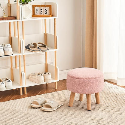 Poofzy Small Ottoman with Storage, Small Foot Stool Ottoman with Wood Legs, Sherpa Foot Rest for Couch, Living Room and Bedroom - Pink